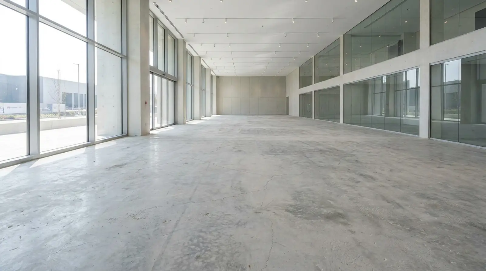 Le même local commercial, dalle de béton brut avant l'époxy